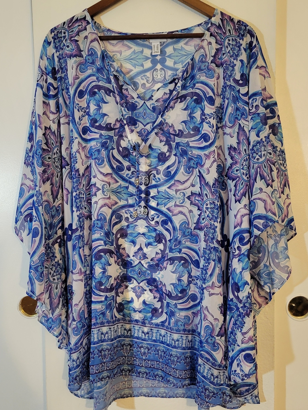 Susan Graver White and Blue Floral Scarf Top Tunic swim cover up